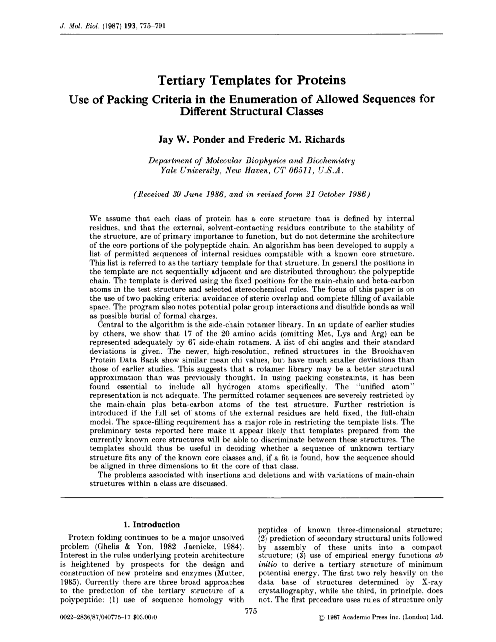 Tertiary Templates for Proteins Use of Packing Criteria in the Enumeration of Allowed Sequences for Different Structural Classes