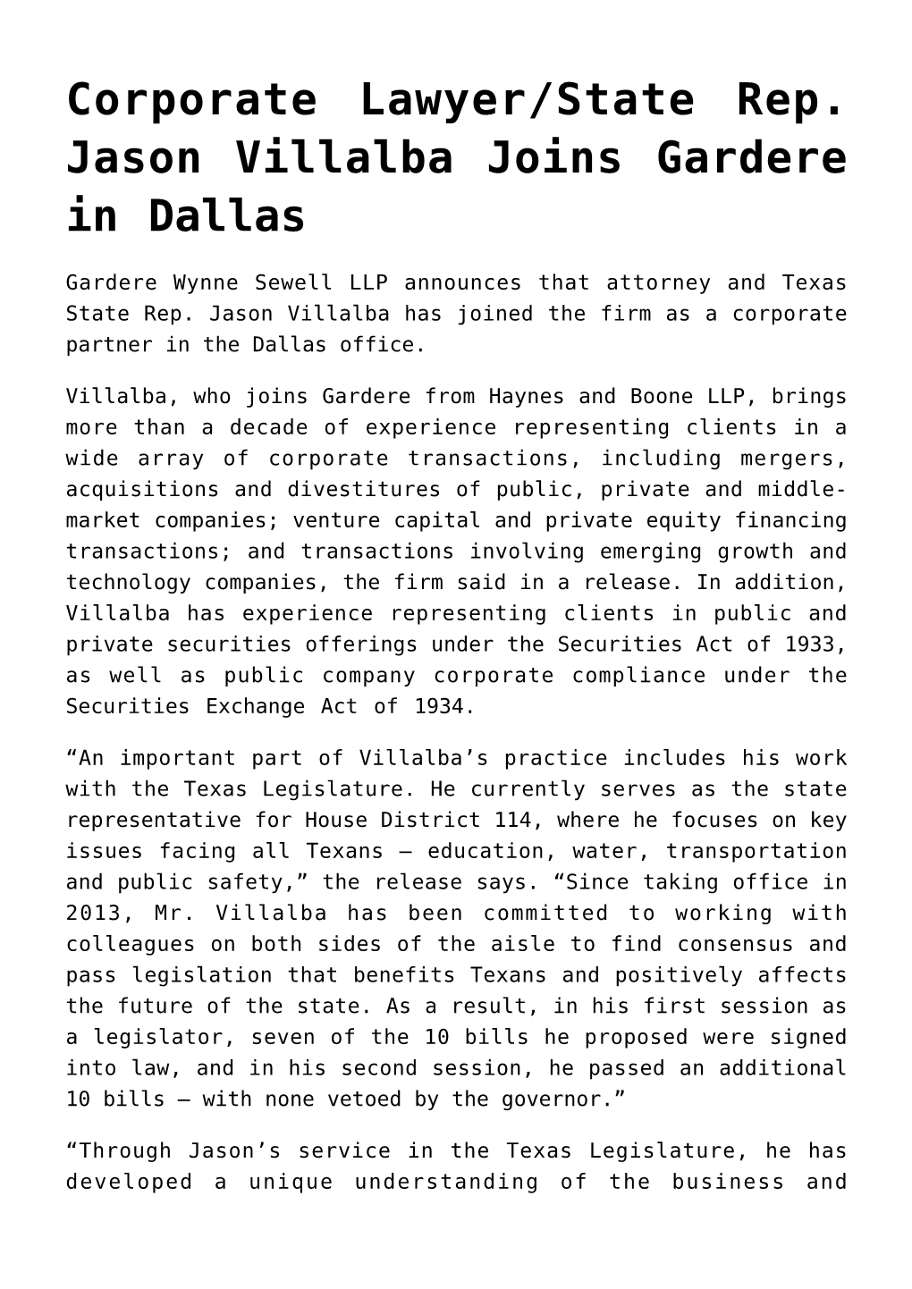 Corporate Lawyer/State Rep. Jason Villalba Joins Gardere in Dallas