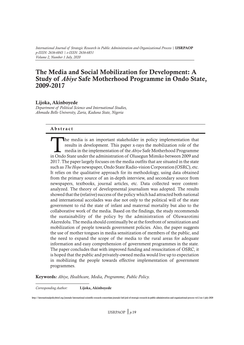 The Media and Social Mobilization for Development: a Study of Abiye Safe Motherhood Programme in Ondo State, 2009-2017