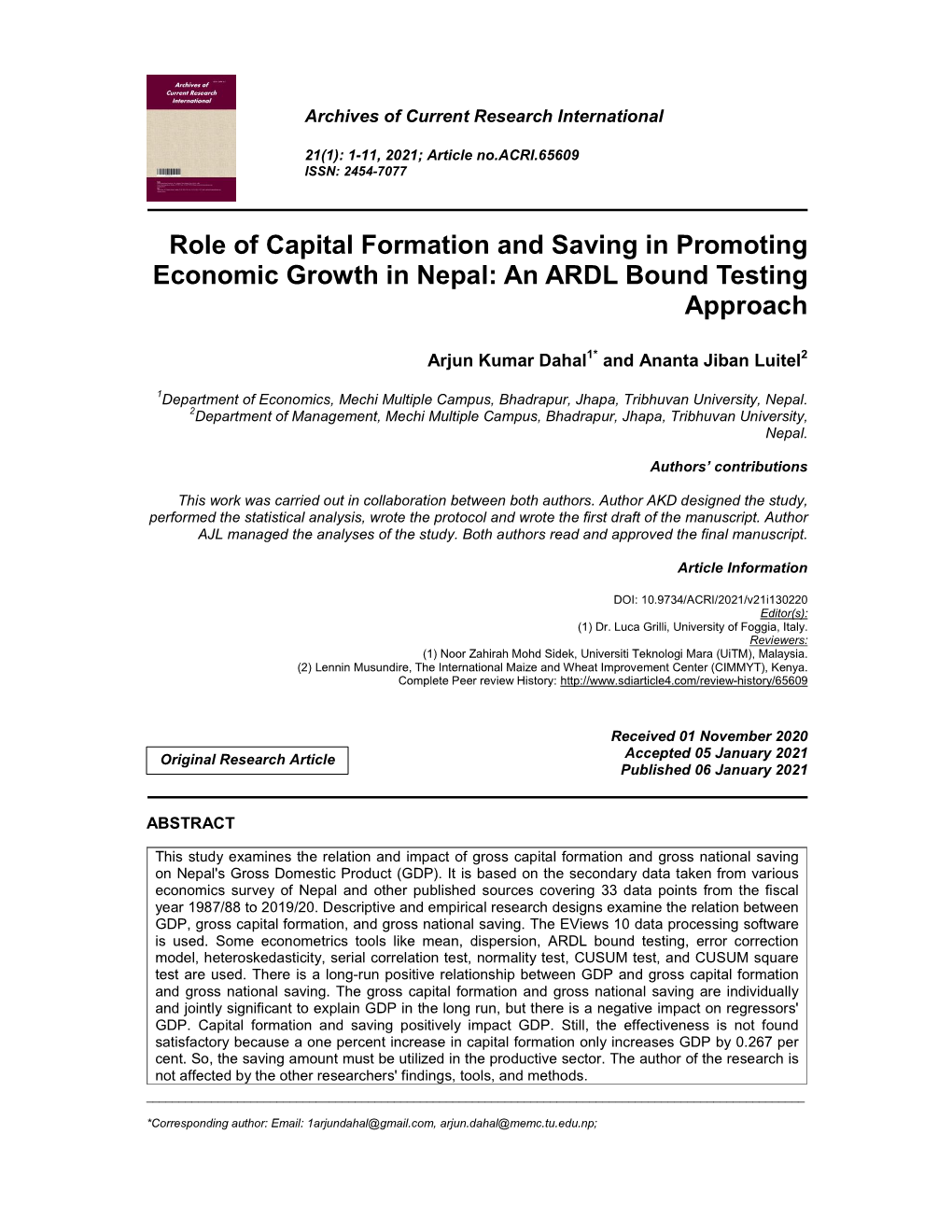 Role of Capital Formation and Saving in Promoting Economic Growth in Nepal: an ARDL Bound Testing Approach