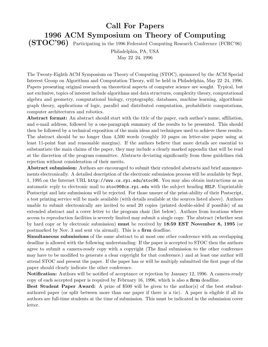 Call for Papers 1996 ACM Symposium on Theory of Computing