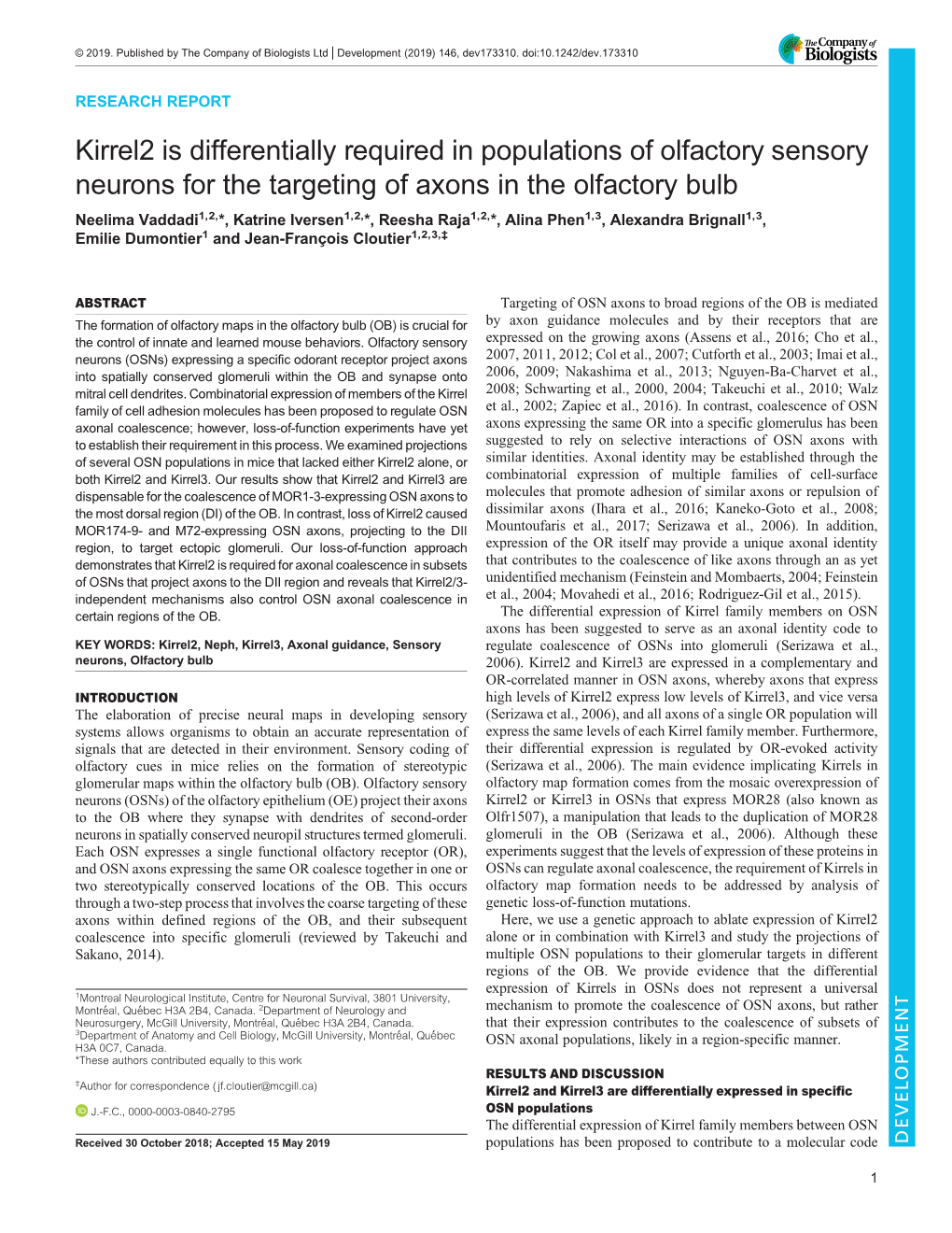 Kirrel2 Is Differentially Required in Populations of Olfactory Sensory