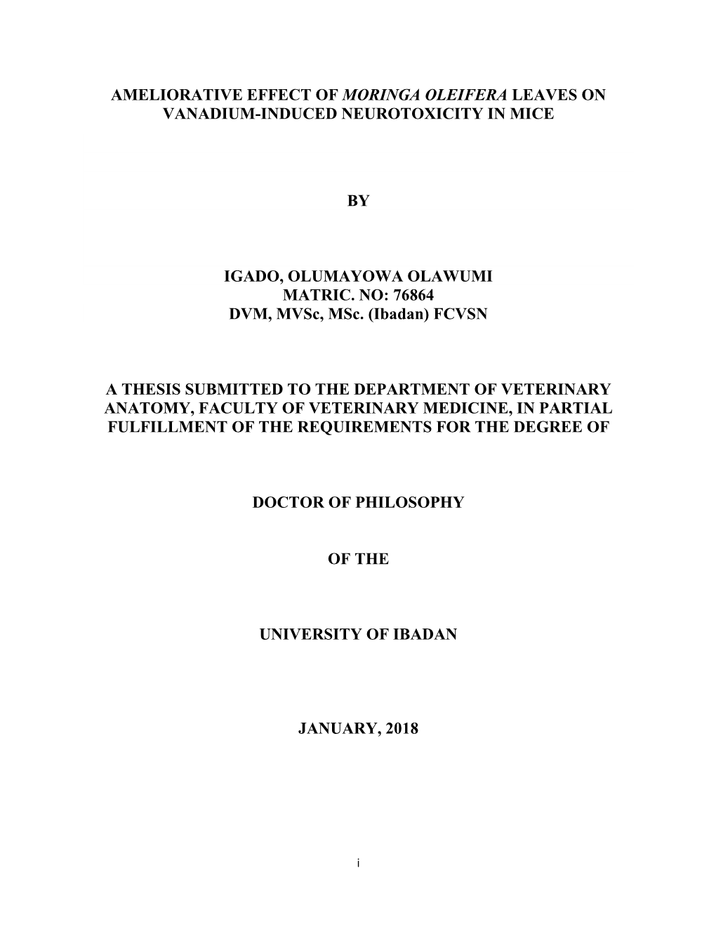 Ameliorative Effect of Moringa Oleifera Leaves on Vanadium-Induced Neurotoxicity in Mice