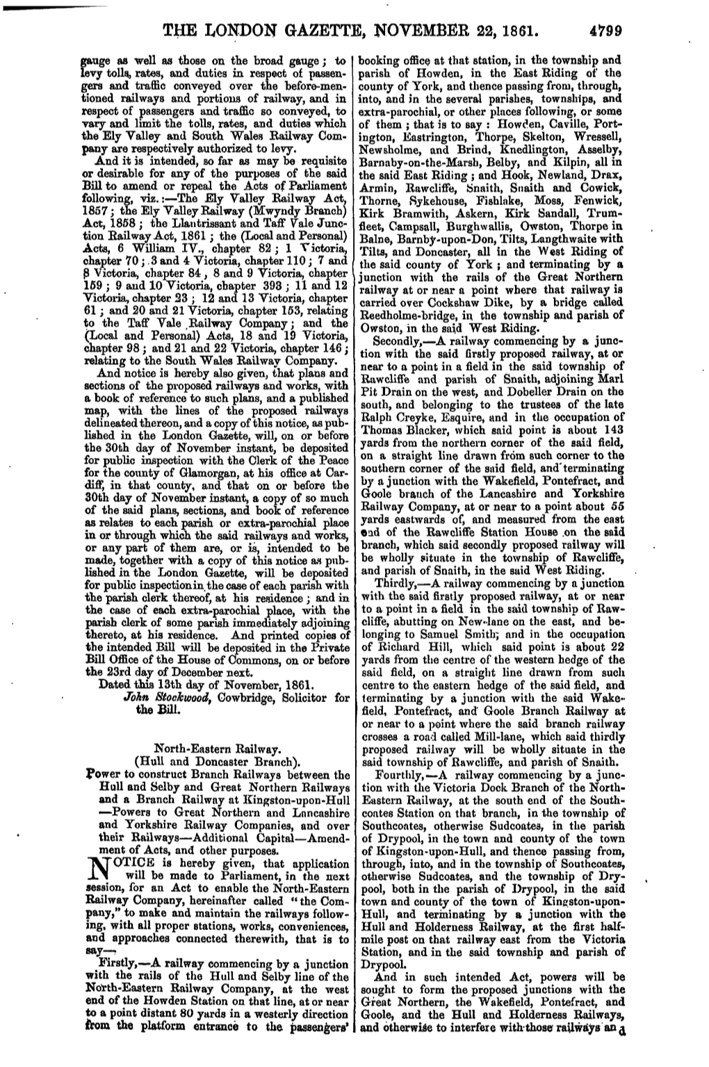 The London Gazette, November 22,1861. 4799