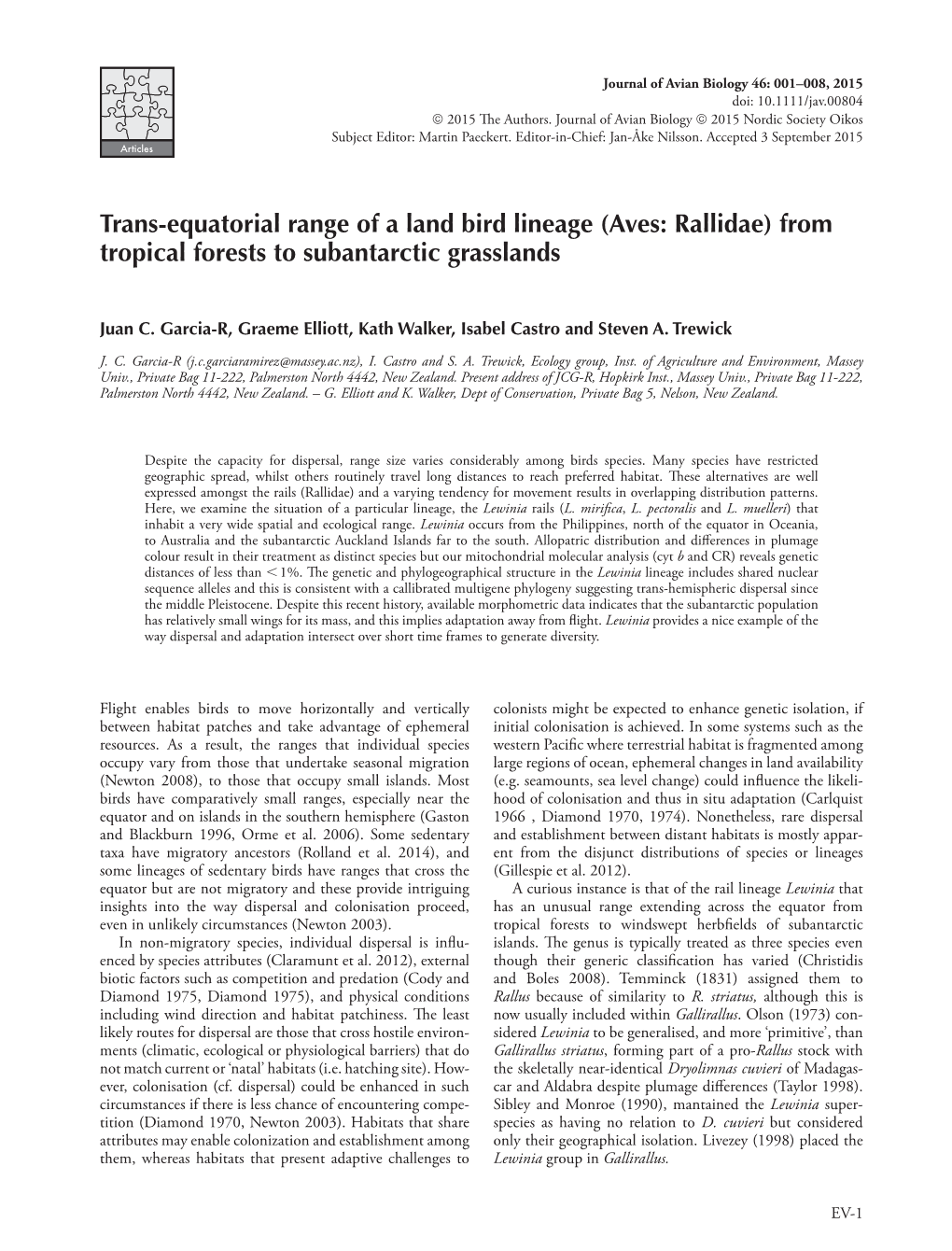 Trans-Equatorial Range of a Land Bird Lineage (Aves: Rallidae) from Tropical Forests to Subantarctic Grasslands