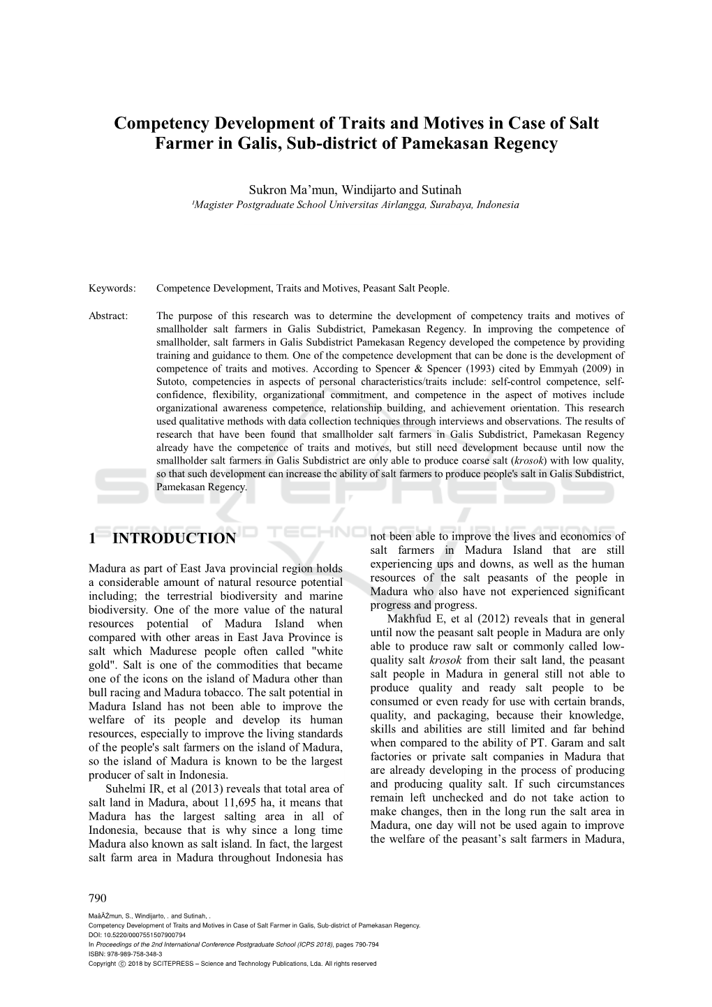 Competency Development of Traits and Motives in Case of Salt Farmer in Galis, Sub-District of Pamekasan Regency