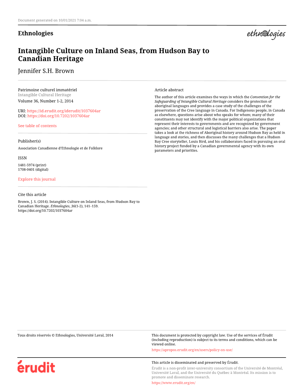 Intangible Culture on Inland Seas, from Hudson Bay to Canadian Heritage Jennifer S.H