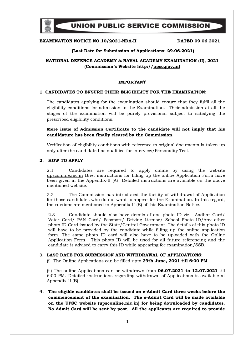 Examination Notice No.10/2021-Nda-Ii Dated 09.06.2021