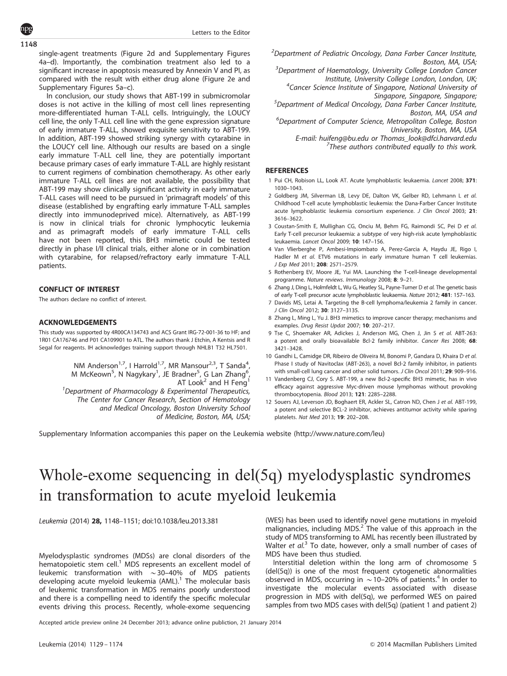 Whole-Exome Sequencing in Del(5Q) Myelodysplastic Syndromes in Transformation to Acute Myeloid Leukemia