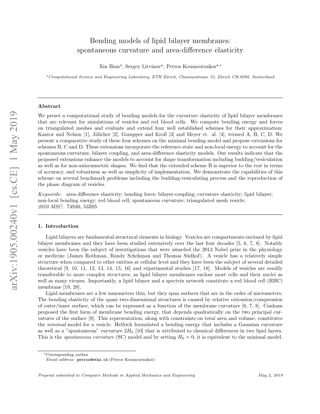 Arxiv:1905.00240V1 [Cs.CE] 1 May 2019 Lipid Membranes Are a Few Nanometers Thin, but They Span Surfaces That Are in the Order of Micrometers