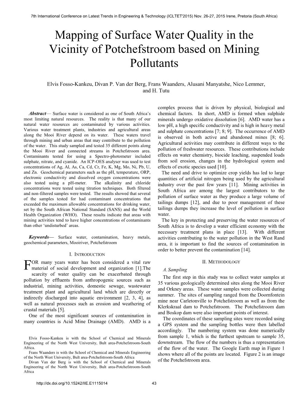 Mapping of Surface Water Quality in the Vicinity of Potchefstroom Based on Mining Pollutants