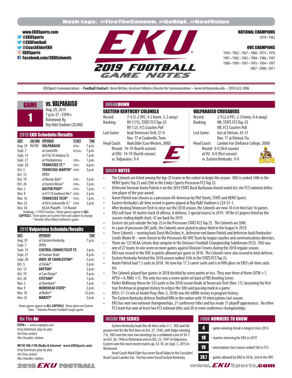 2019 EKU Game Notes (Game-1 Vs Valparaiso).Indd