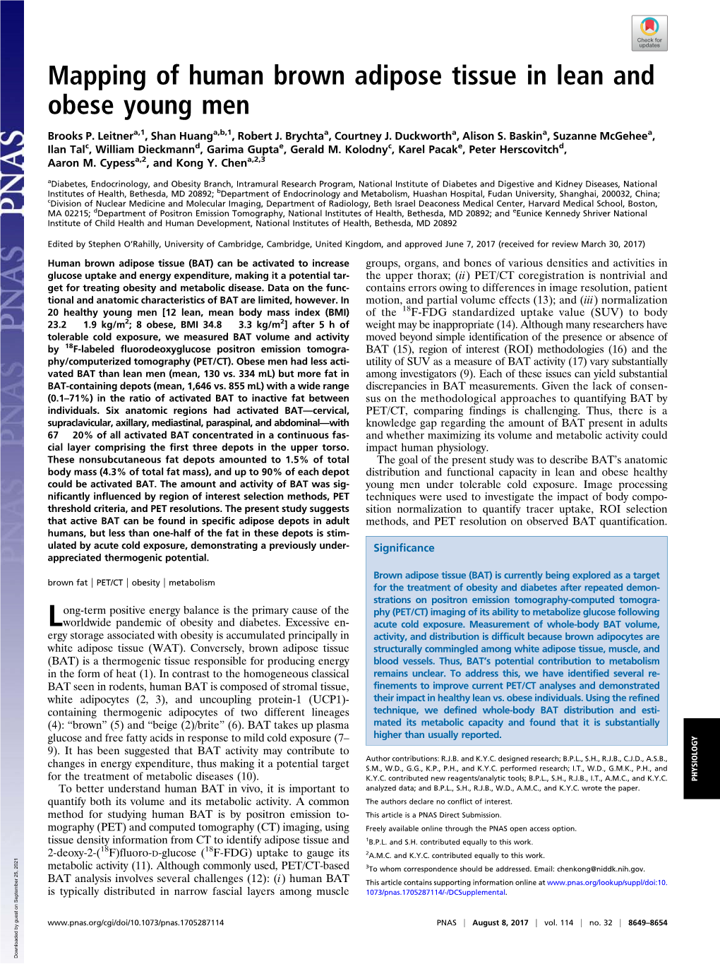 Mapping of Human Brown Adipose Tissue in Lean and Obese Young Men