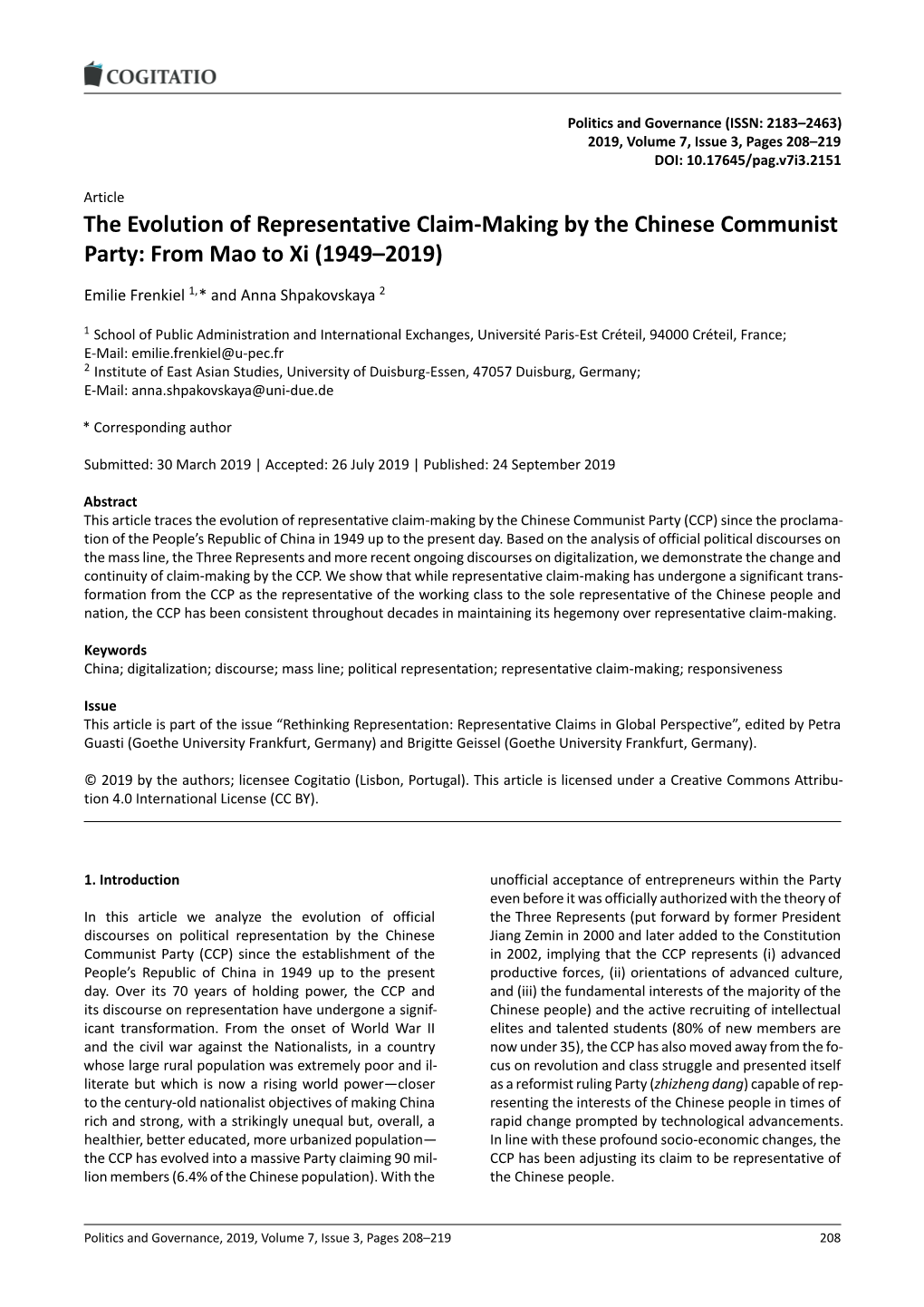 The Evolution of Representative Claim-Making by the Chinese Communist Party: from Mao to Xi (1949–2019)