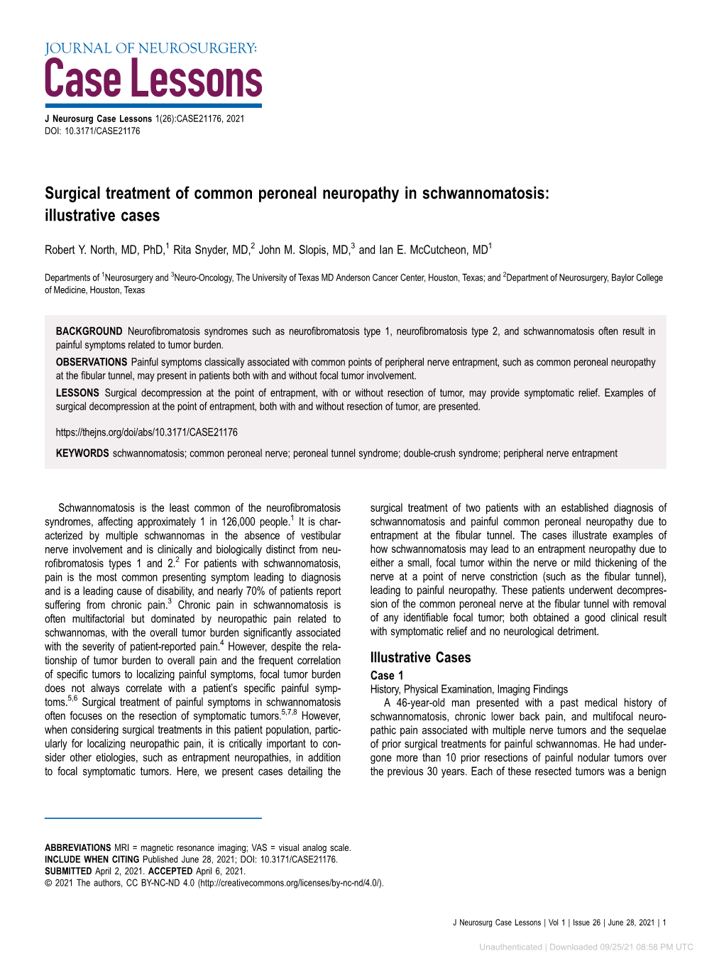 Surgical Treatment of Common Peroneal Neuropathy in Schwannomatosis: Illustrative Cases