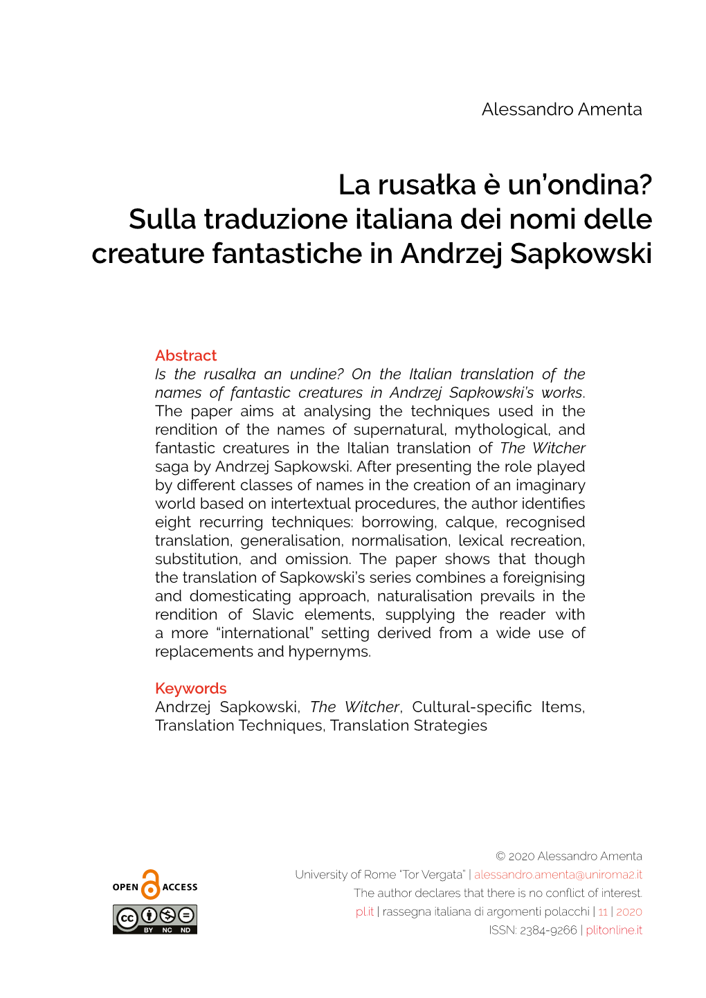 Sulla Traduzione Italiana Dei Nomi Delle Creature Fantastiche in Andrzej Sapkowski