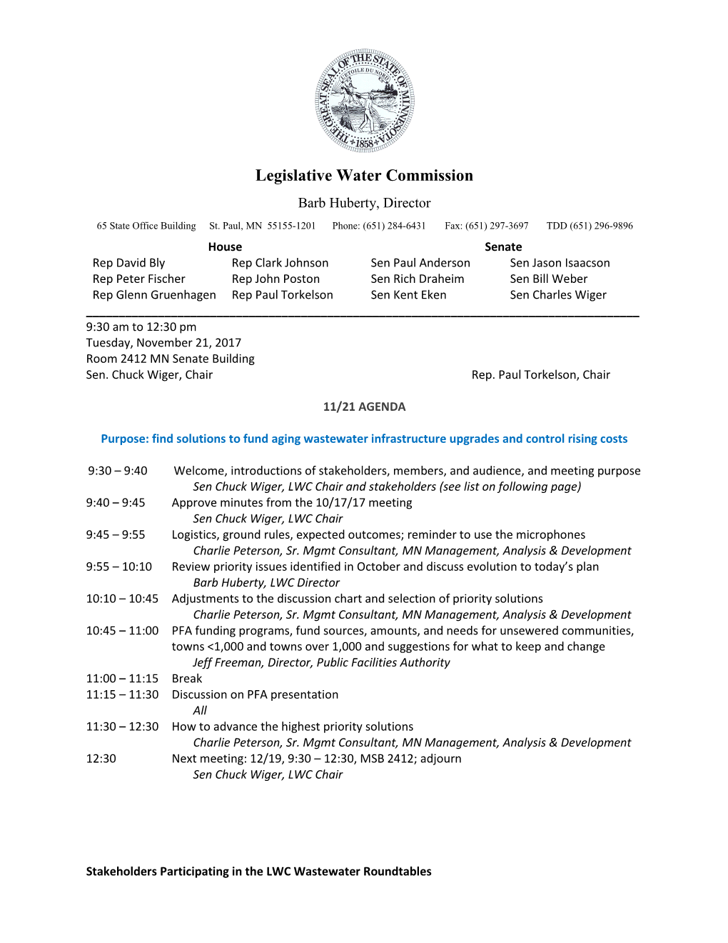 Legislative Water Commission November Meeting Notice