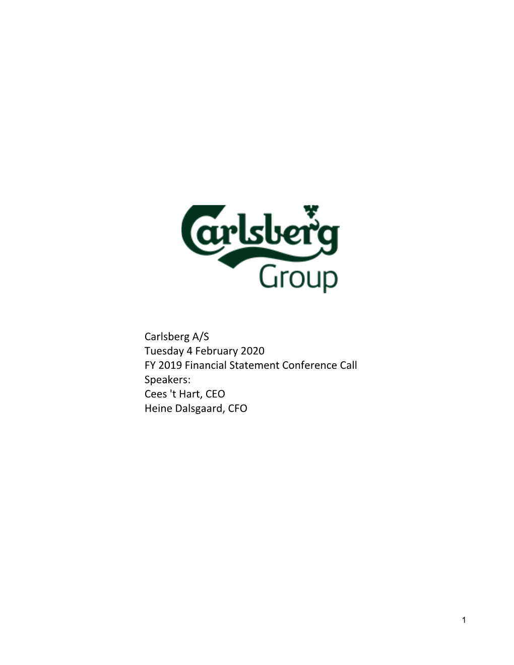 Carlsberg A/S (CABGY.DK) Q4 2019 Earnings Call