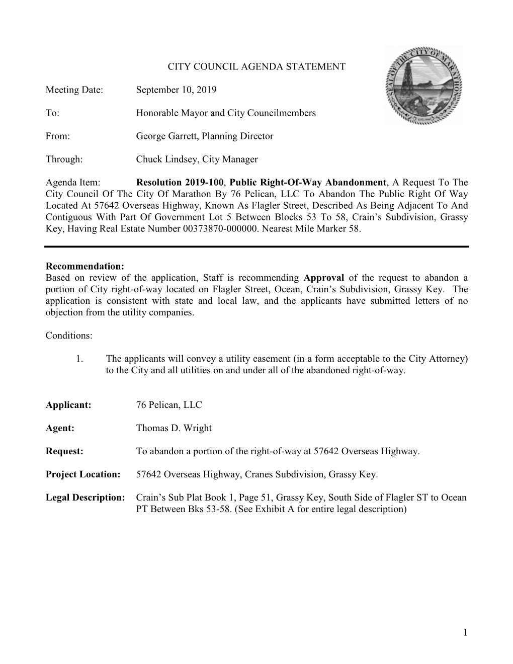 1 City Council Agenda Statement