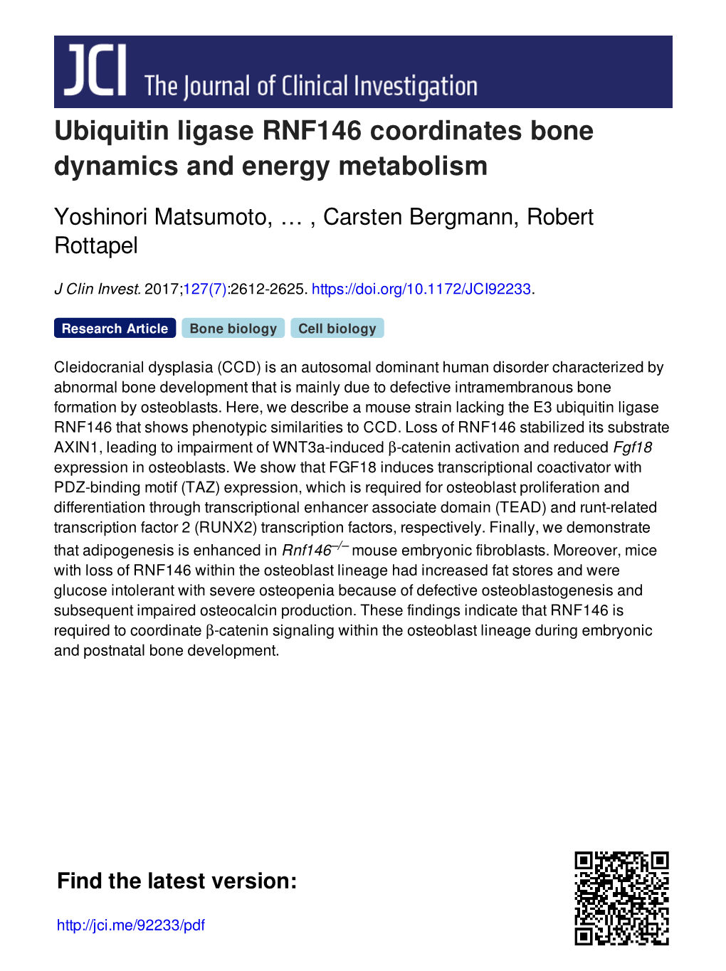 Ubiquitin Ligase RNF146 Coordinates Bone Dynamics and Energy Metabolism