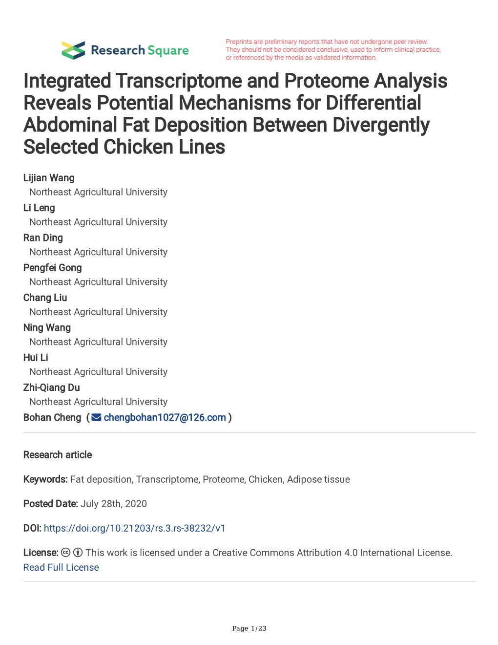 Integrated Transcriptome and Proteome Analysis Reveals Potential Mechanisms for Differential Abdominal Fat Deposition Between Divergently Selected Chicken Lines