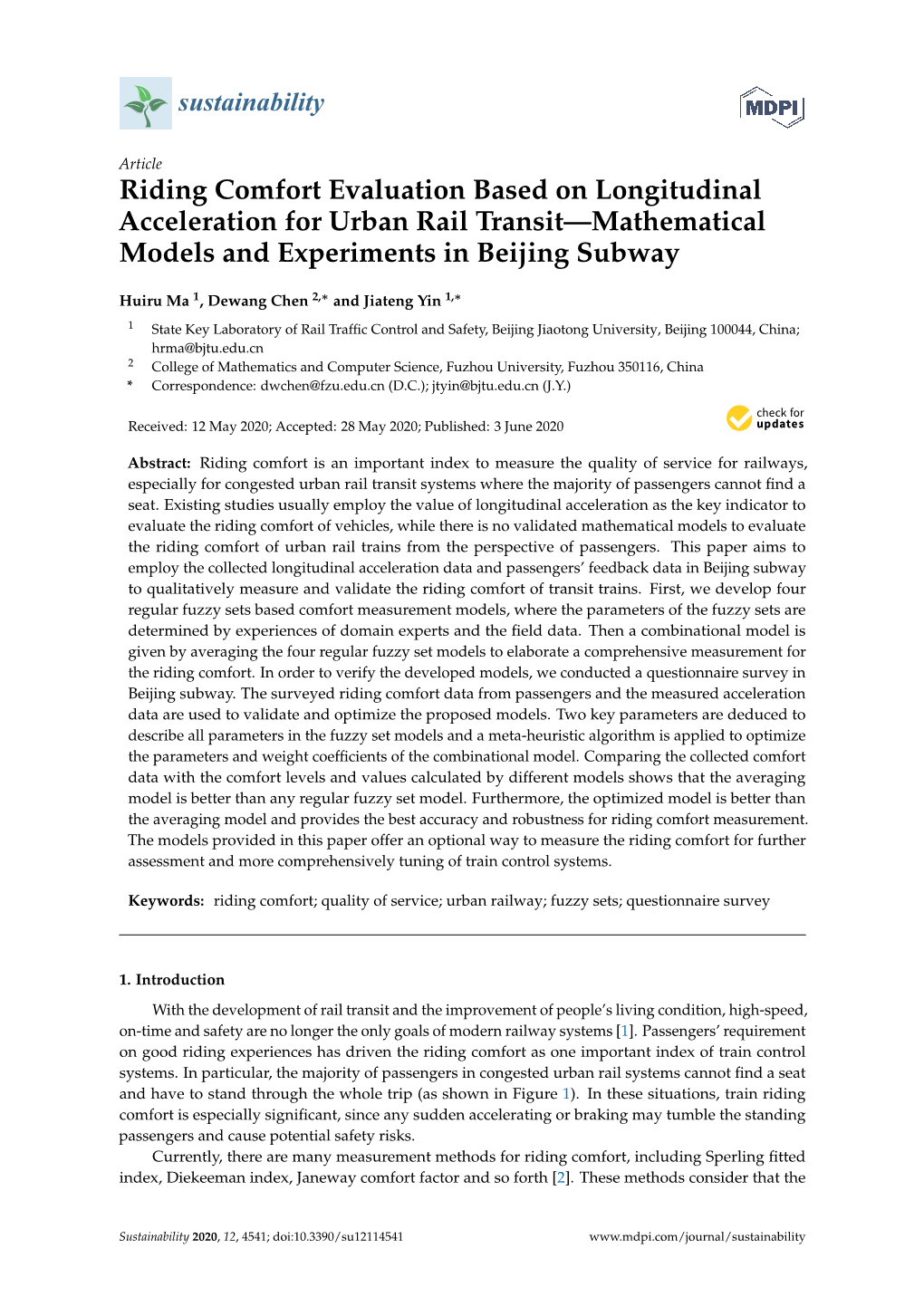Riding Comfort Evaluation Based on Longitudinal Acceleration for Urban Rail Transit—Mathematical Models and Experiments in Beijing Subway