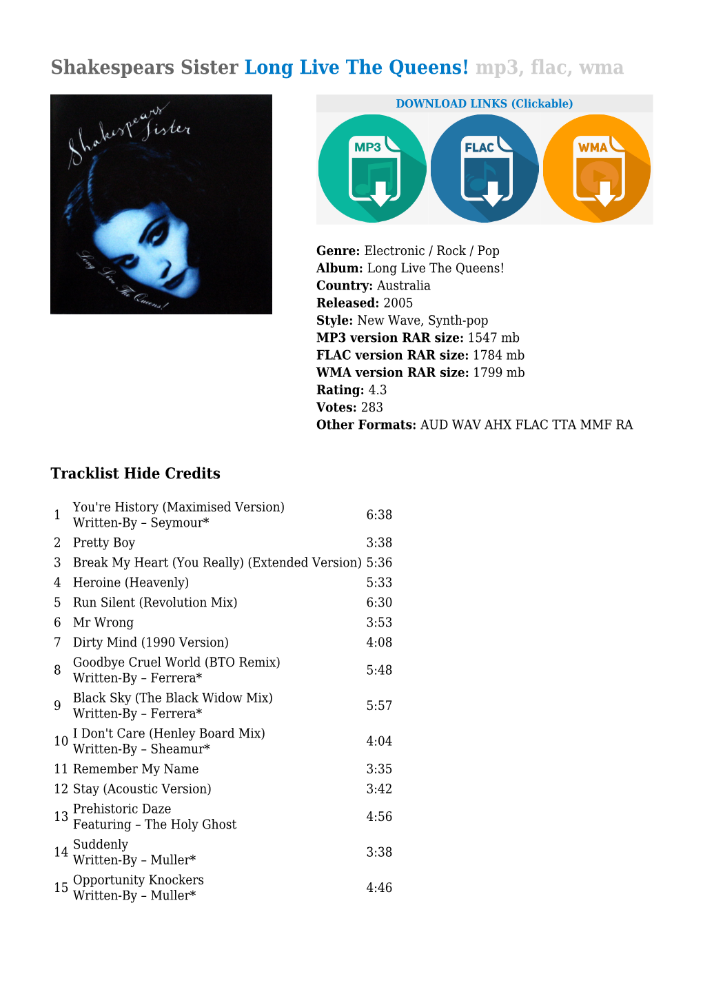 Shakespears Sister Long Live the Queens! Mp3, Flac, Wma