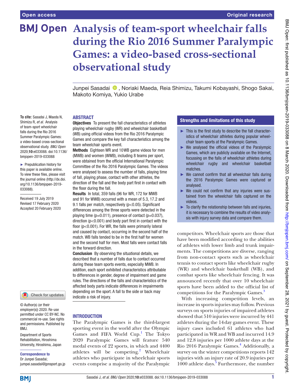 Sport Wheelchair Falls During the Rio 2016 Summer Paralympic Games: a Video-­Based Cross-Sectional­ Observational Study