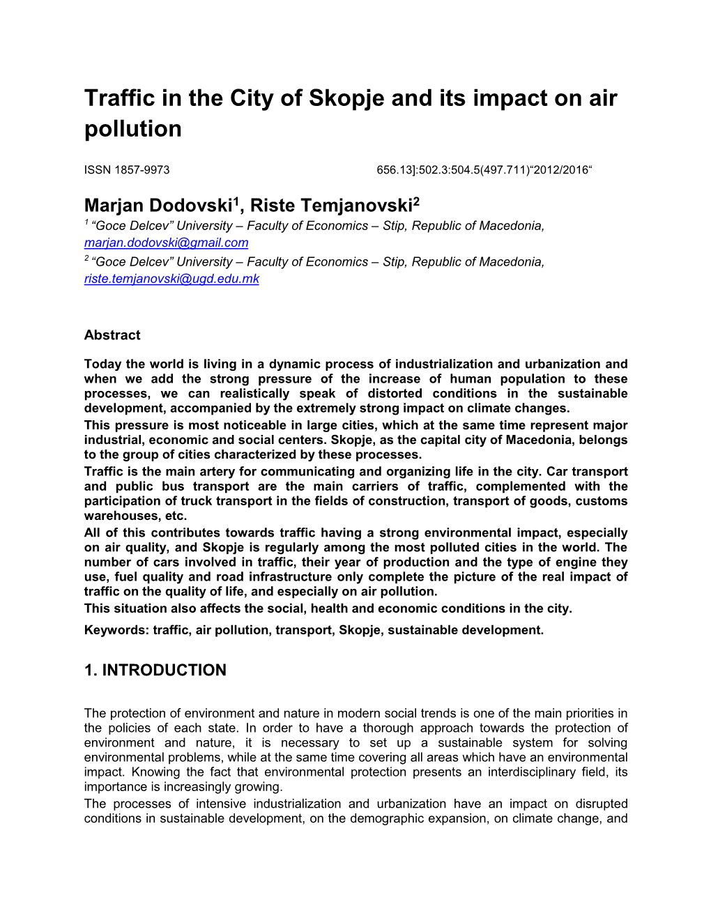 Traffic in the City of Skopje and Its Impact on Air Pollution