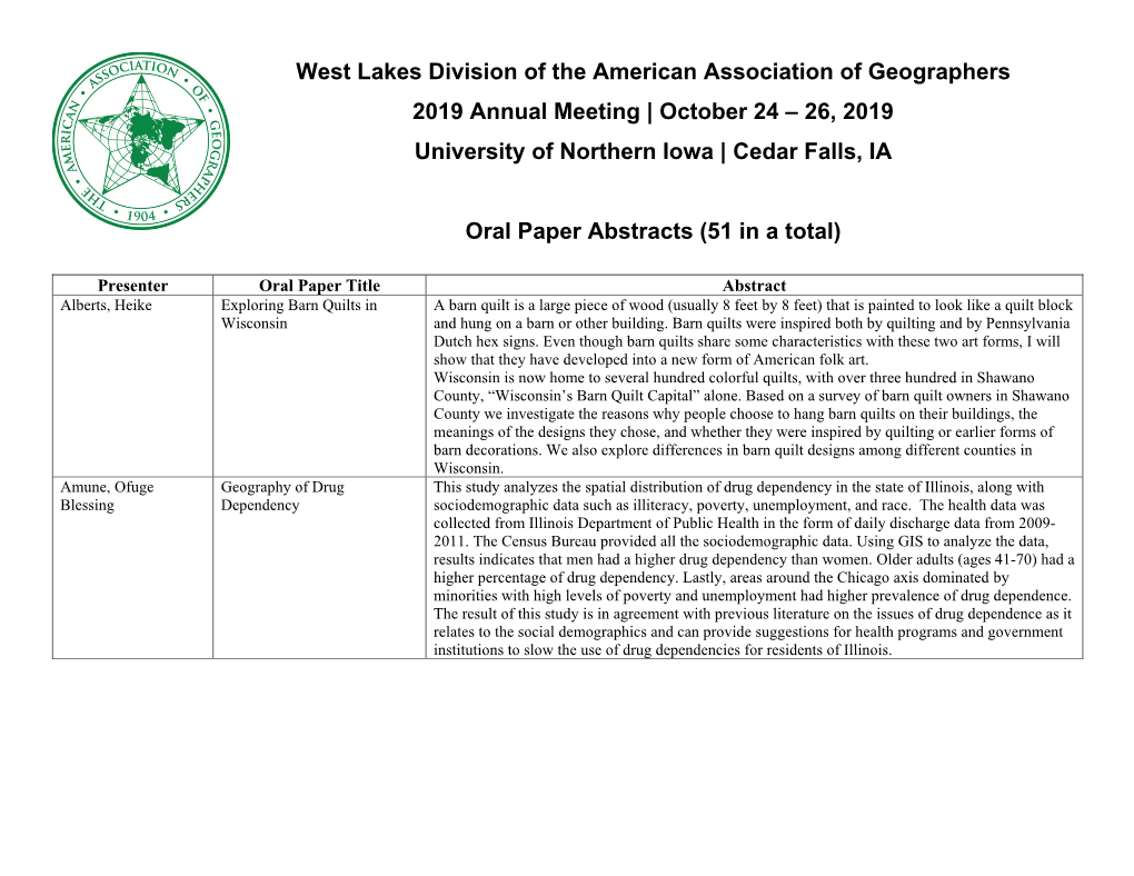 West Lakes Division of the American Association of Geographers 2019 Annual Meeting | October 24 – 26, 2019 University of Northern Iowa | Cedar Falls, IA