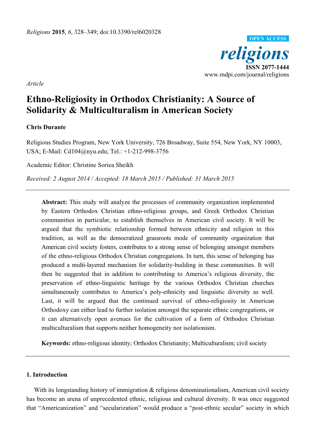 Ethno-Religiosity in Orthodox Christianity: a Source of Solidarity & Multiculturalism in American Society