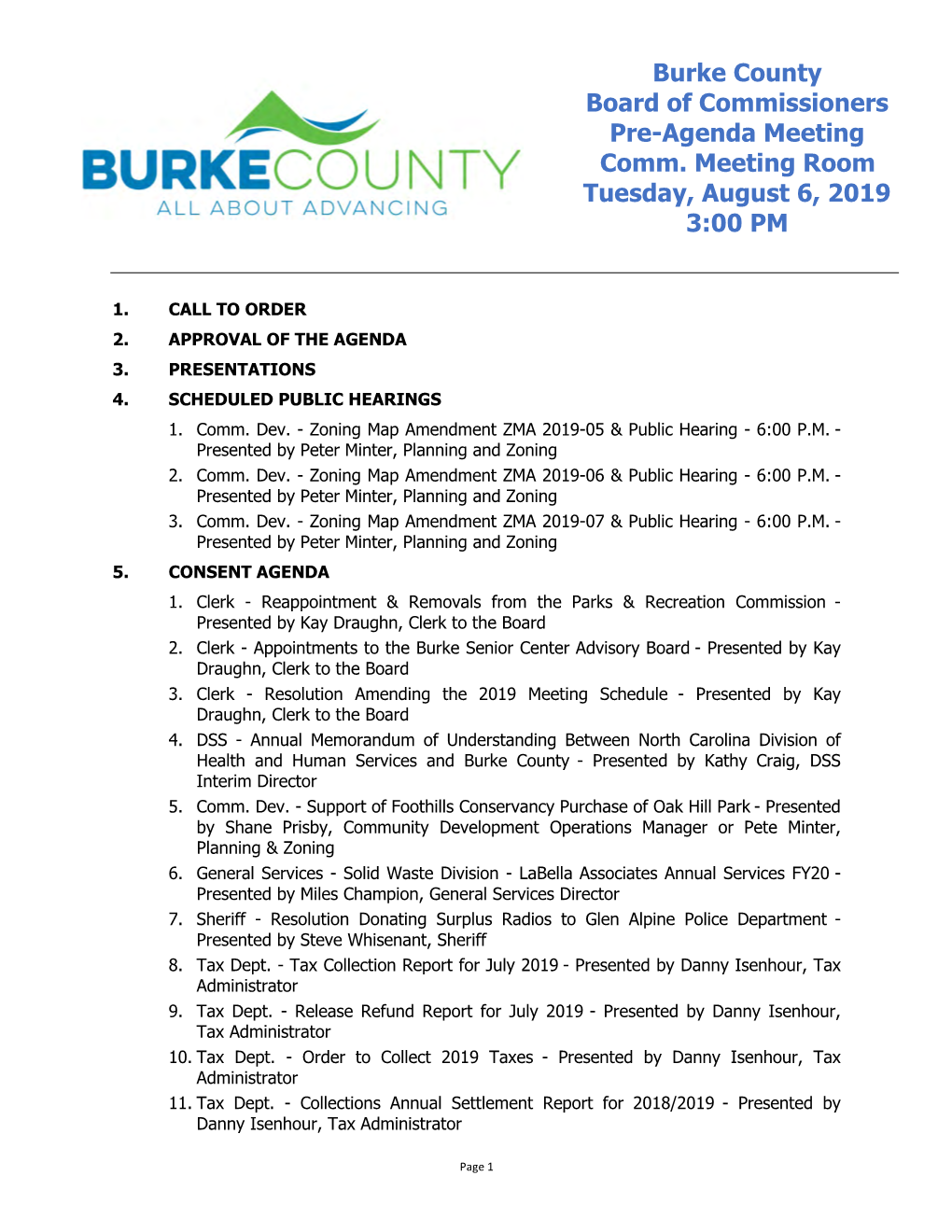 Burke County Board of Commissioners Pre-Agenda Meeting Comm