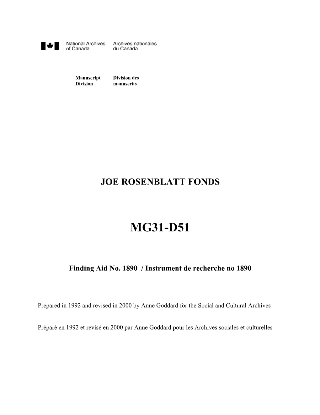Joe Rosenblatt Fonds Mg31-D51