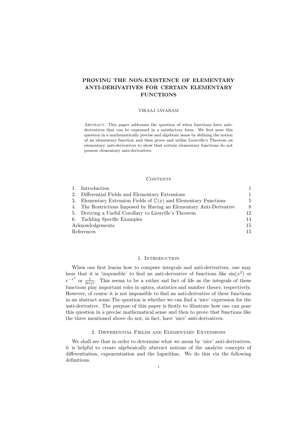 Proving the Non-Existence of Elementary Anti-Derivatives for Certain Elementary Functions