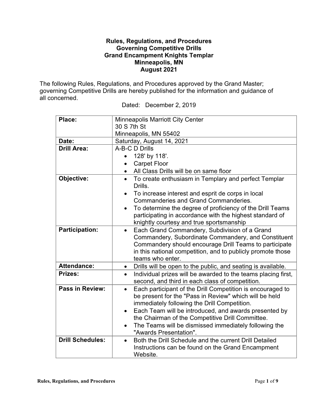 Rules, Regulations, and Procedures Governing Competitive Drills Grand Encampment Knights Templar Minneapolis, MN August 2021