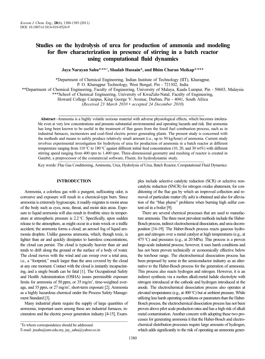 Studies on the Hydrolysis of Urea for Production of Ammonia And