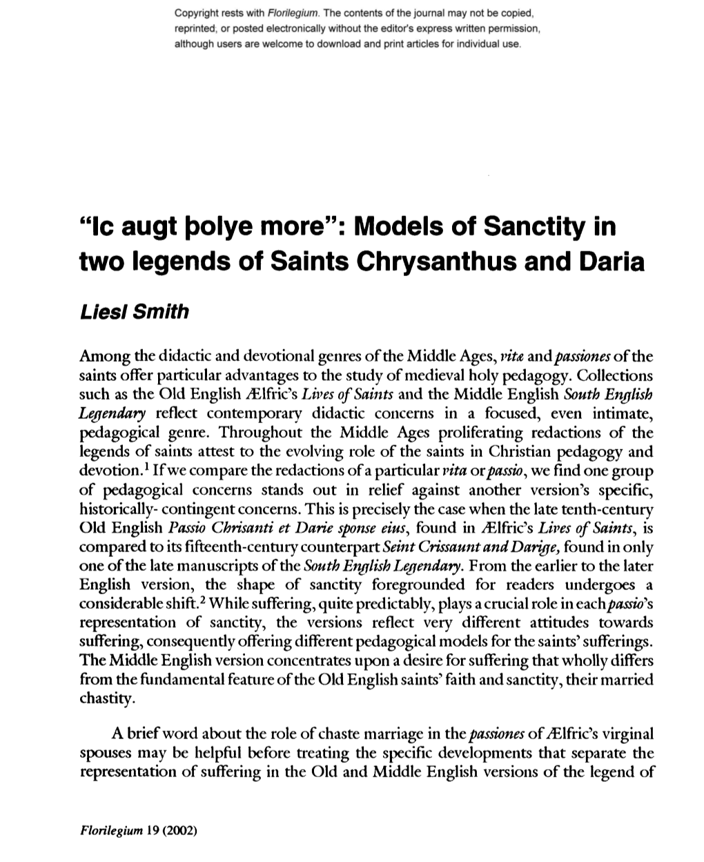 "Le Augt ßolye More": Models of Sanctity in Two Legends of Saints Chrysanthus and Daria Liest Smith