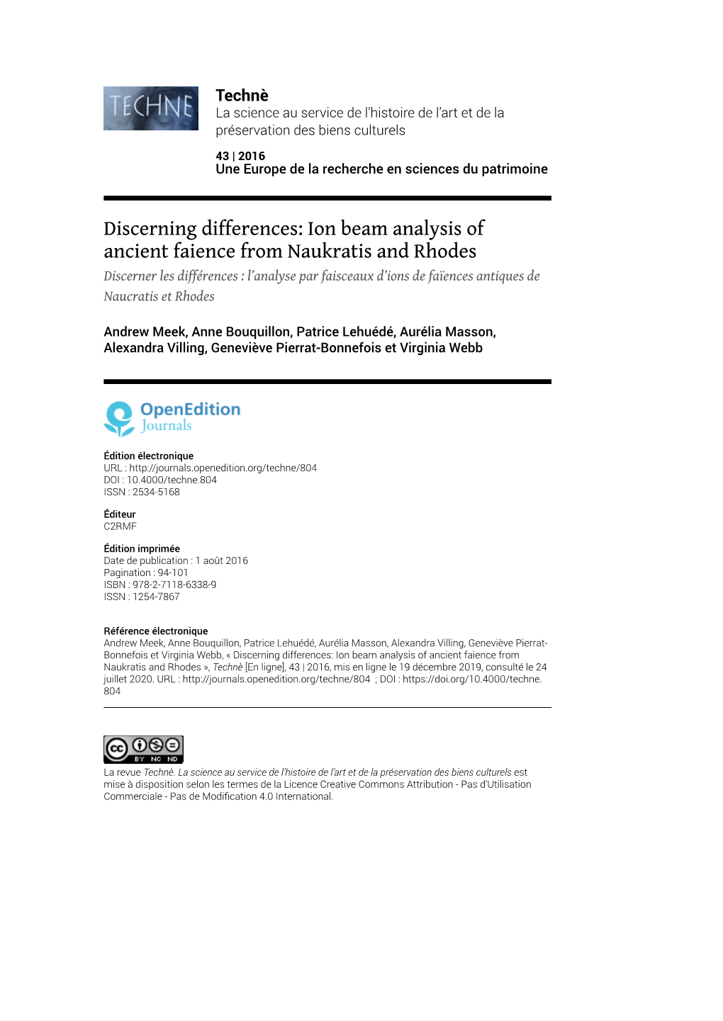 Ion Beam Analysis of Ancient Faience from Naukratis and Rhodes Discerner Les Différences : L’Analyse Par Faisceaux D’Ions De Faïences Antiques De Naucratis Et Rhodes