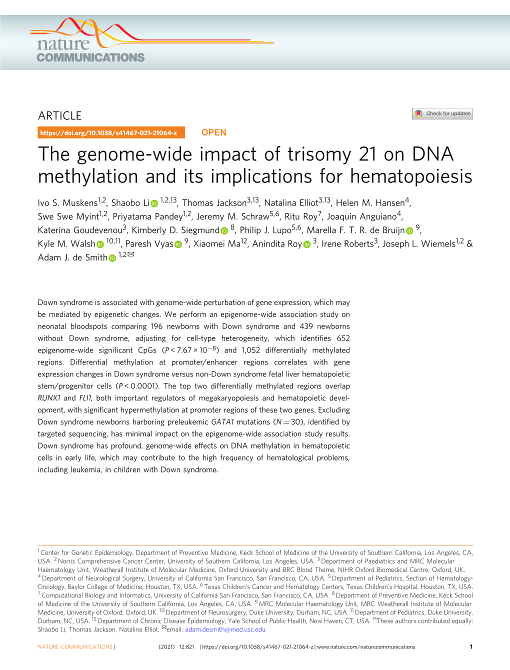 The Genome-Wide Impact of Trisomy 21 on DNA Methylation and Its Implications for Hematopoiesis