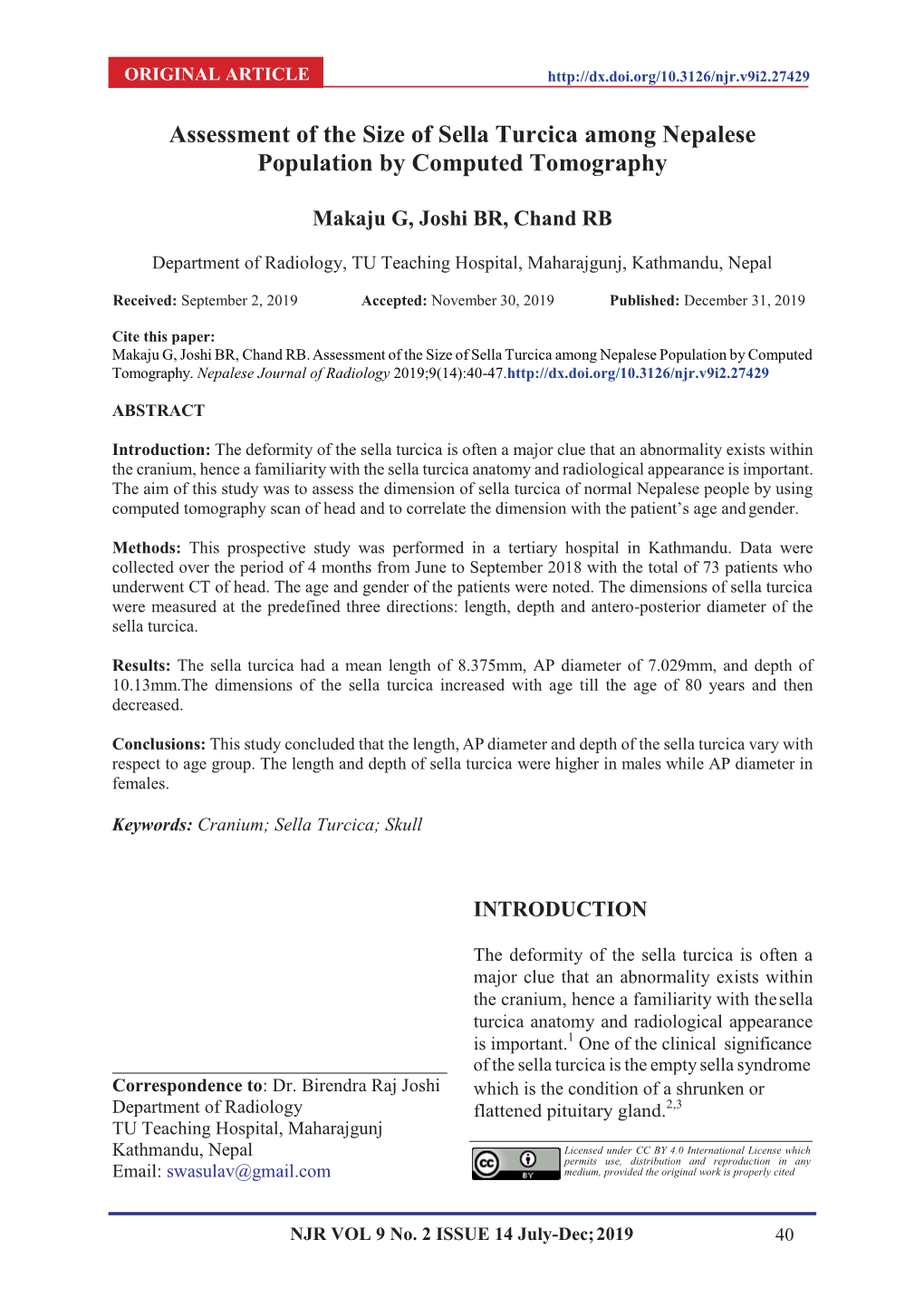 Assessment of the Size of Sella Turcica Among Nepalese Population by Computed Tomography