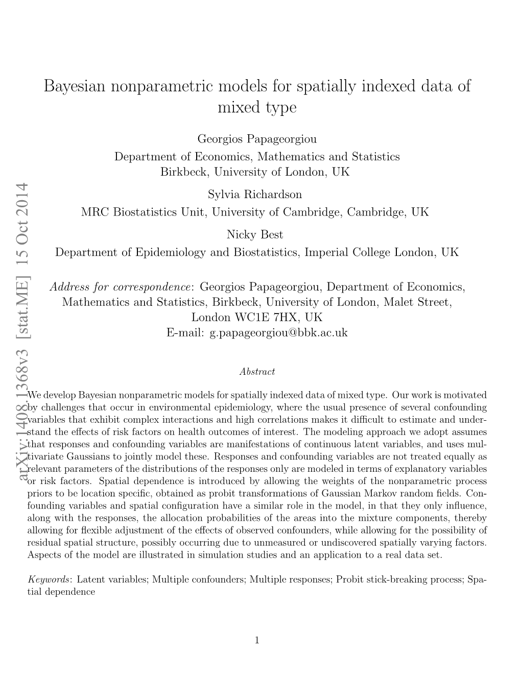 Bayesian Nonparametric Models for Spatially Indexed Data of Mixed Type