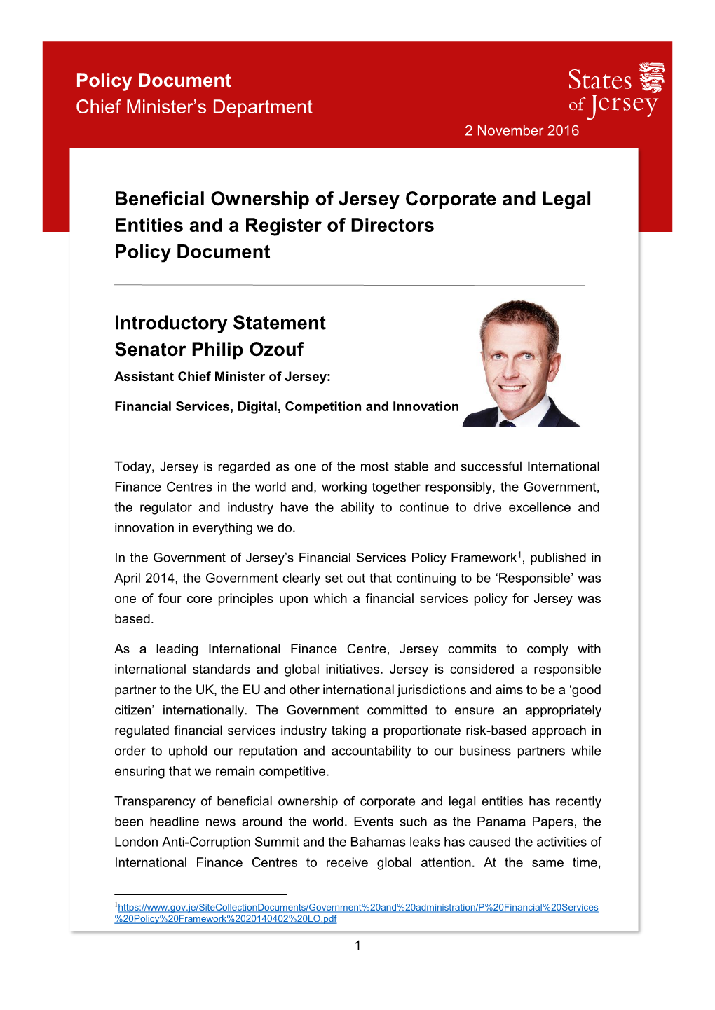 Beneficial Ownership of Jersey Corporate and Legal Entities and a Register of Directors Policy Document