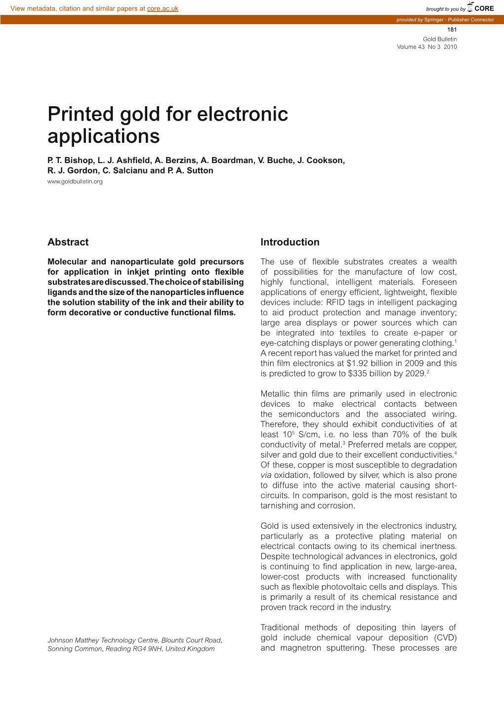 Printed Gold for Electronic Applications