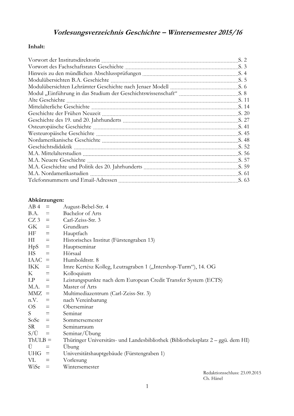 Vorlesungsverzeichnis Wintersemester 2015