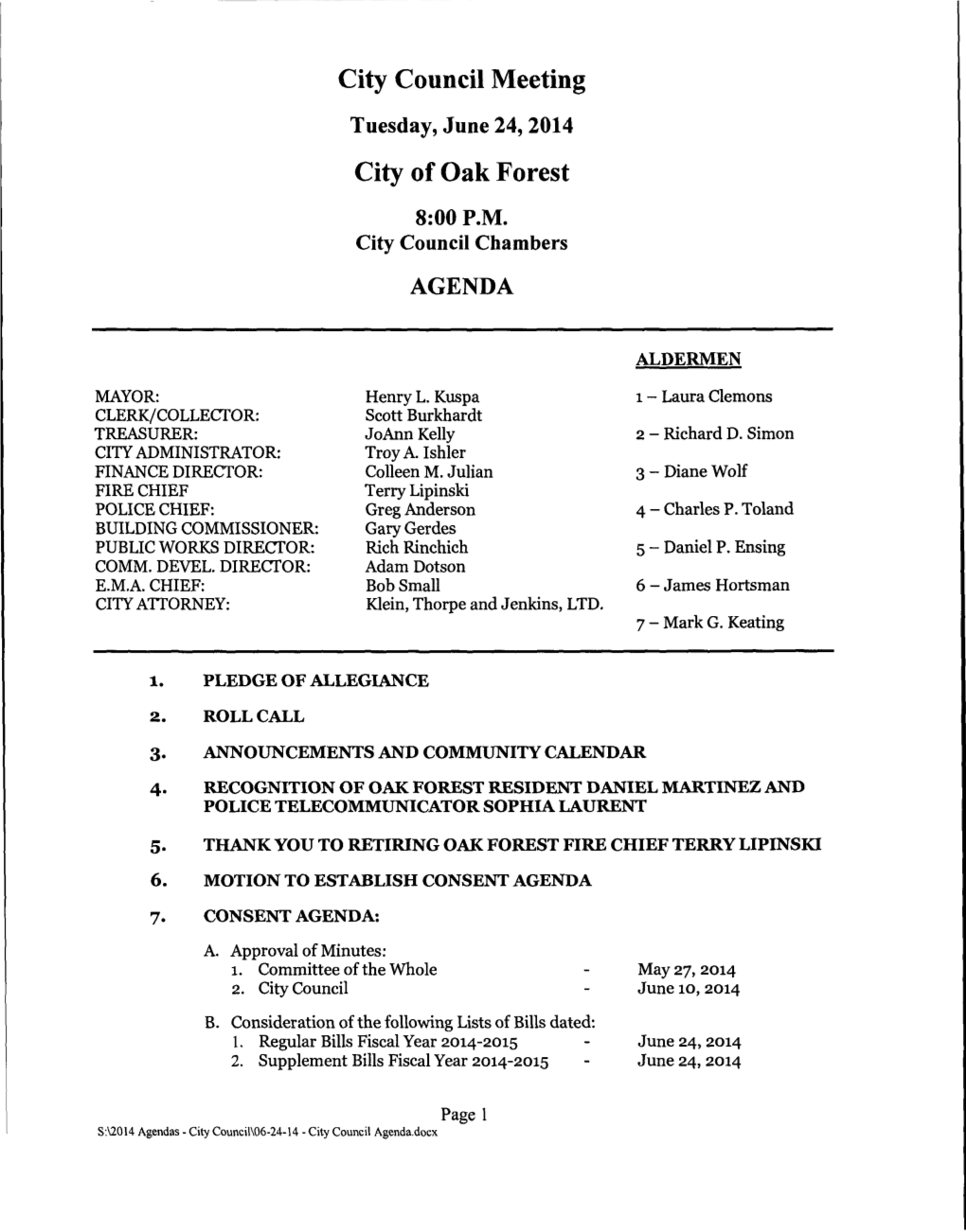 City Council Meeting City of Oak Forest