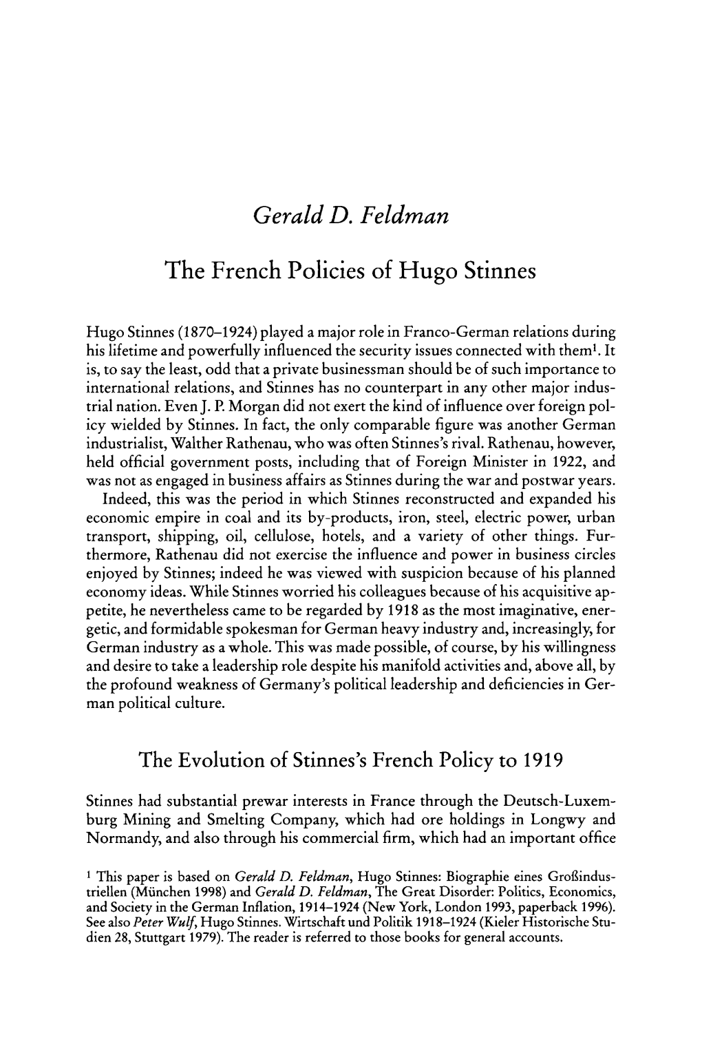 Gerald D. Feldman the French Policies of Hugo Stinnes