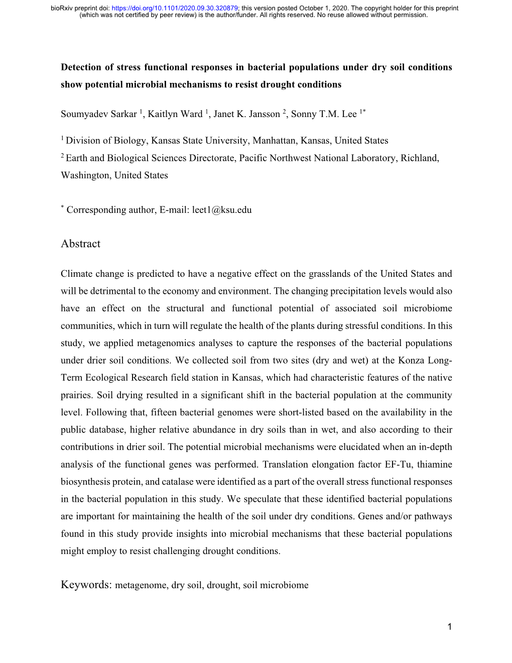 Detection of Stress Functional Responses in Bacterial Populations Under Dry Soil Conditions Show Potential Microbial Mechanisms to Resist Drought Conditions