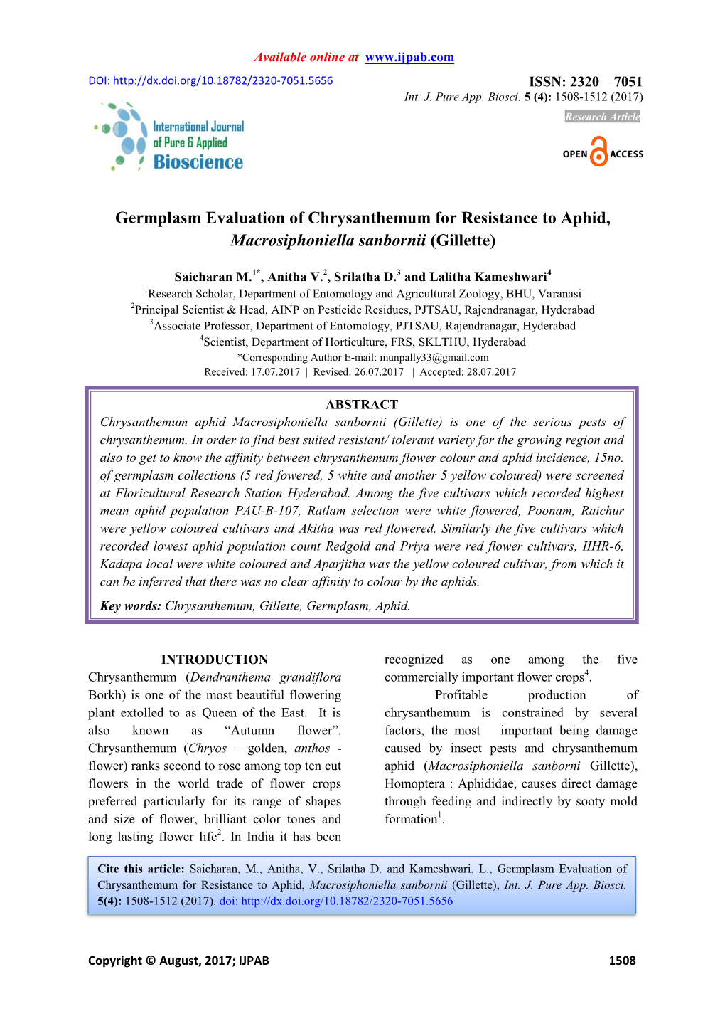 Germplasm Evaluation of Chrysanthemum for Resistance to Aphid, Macrosiphoniella Sanbornii (Gillette)