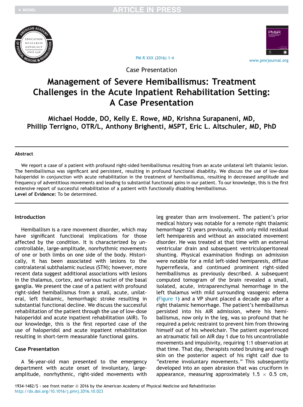 Management of Severe Hemiballismus: Treatment Challenges in the Acute Inpatient Rehabilitation Setting: a Case Presentation