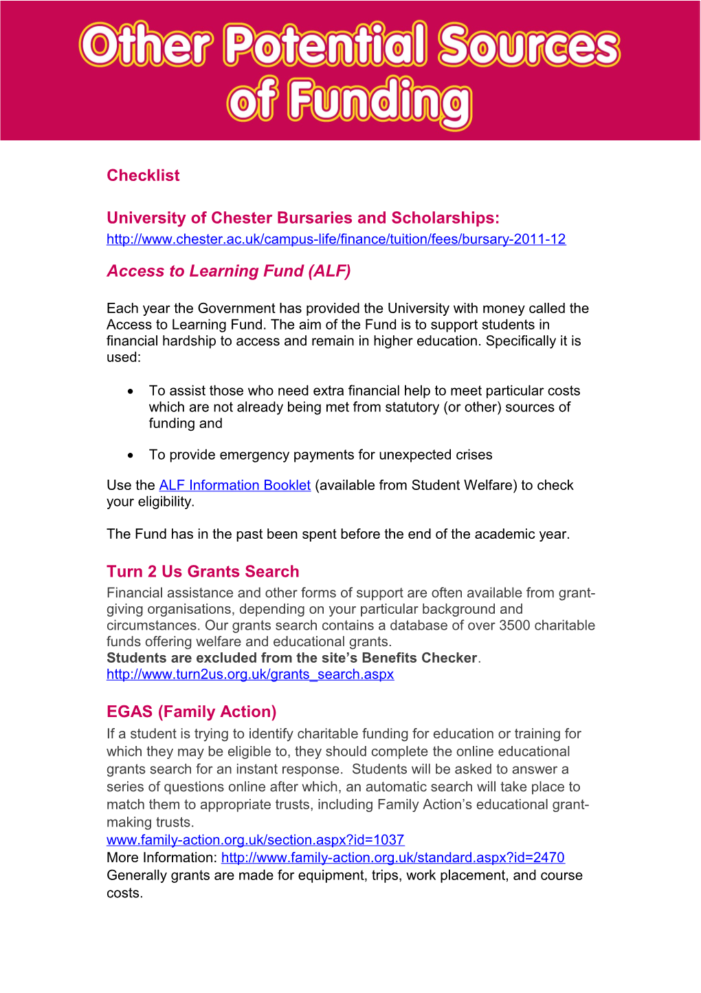 University of Chester Bursaries and Scholarships